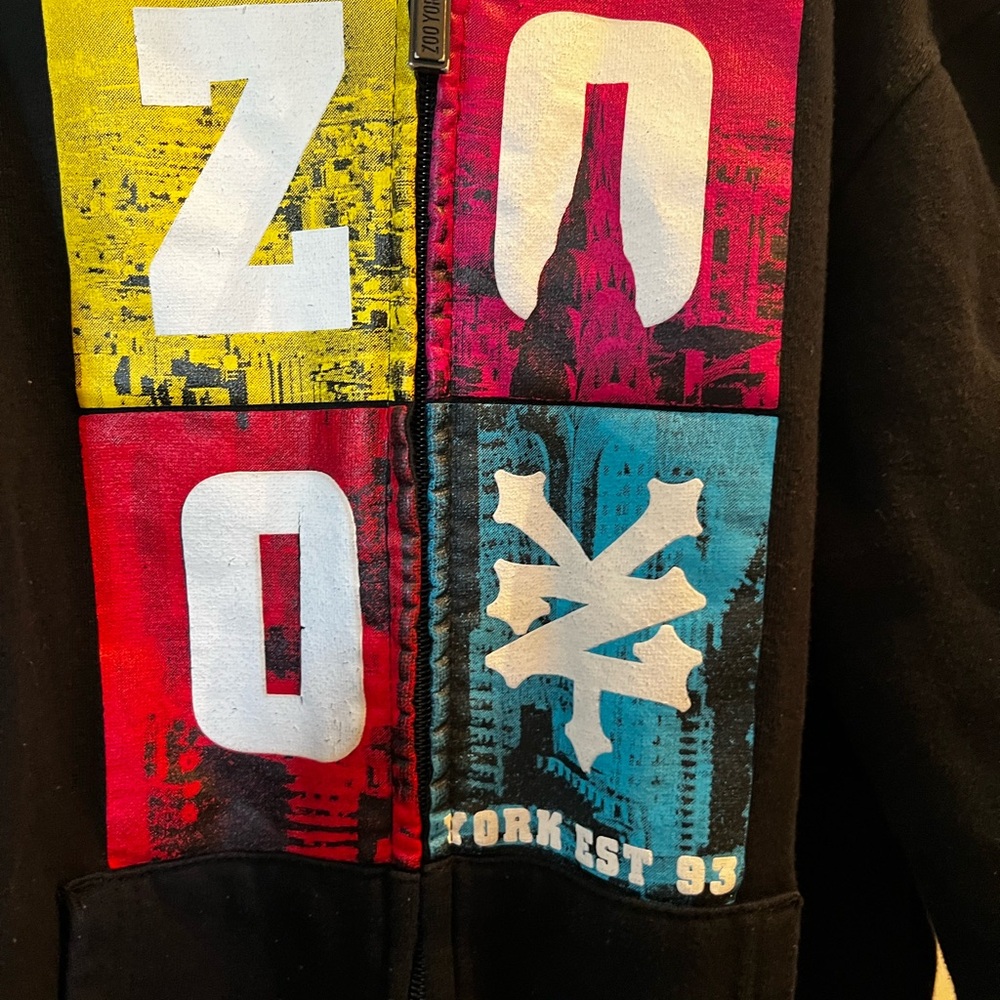 ‘00 Retro Zoo York boys 8-10 small Black zippered Hoodie sweatshirt pullover